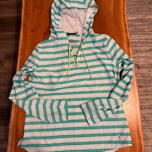 Stio Striped Hooded Pullover in Teal, Mint & Lime